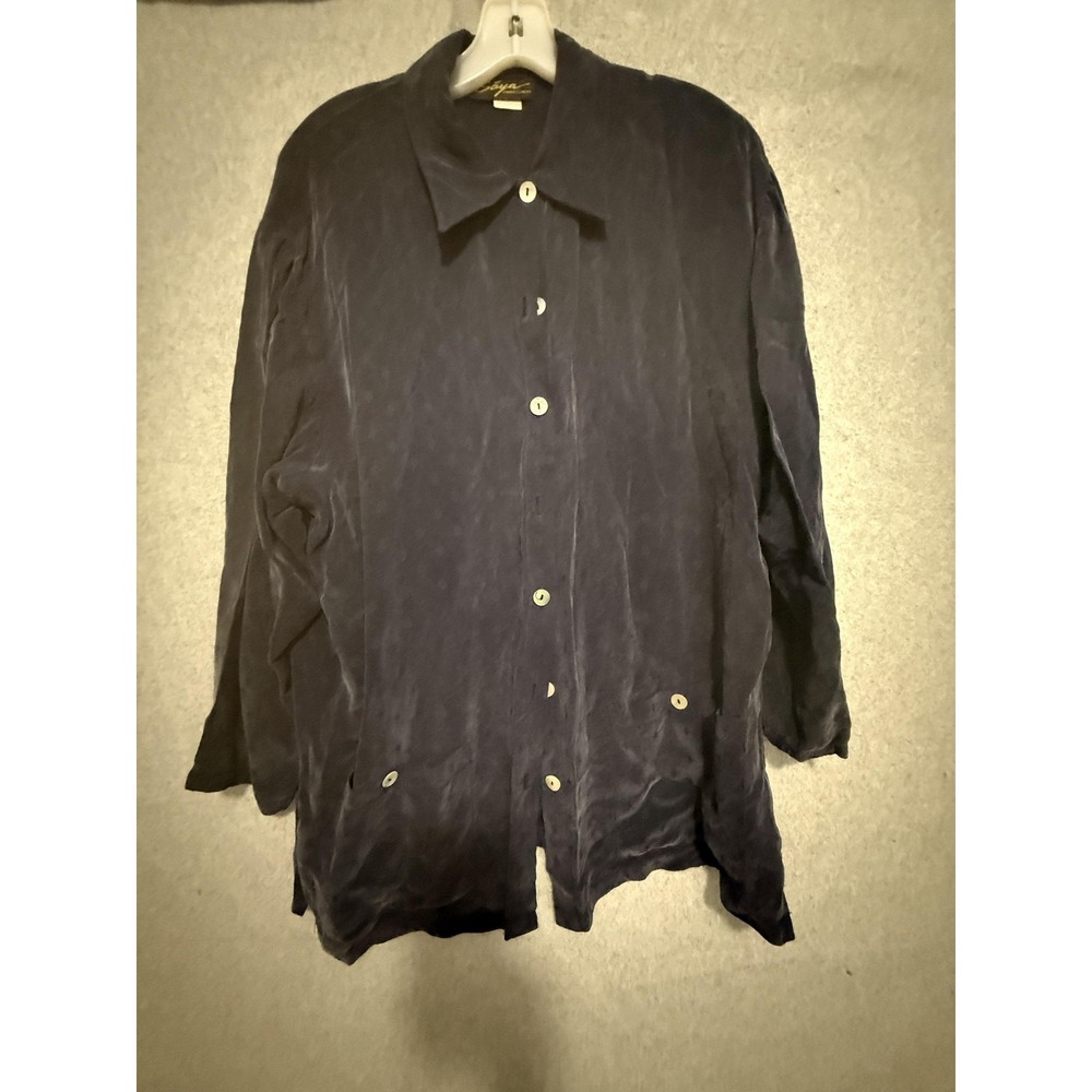 Vintage Saya Button Up Shirt Womens L Blue Floral‎ Rayon Tunic Top Long Sleeve